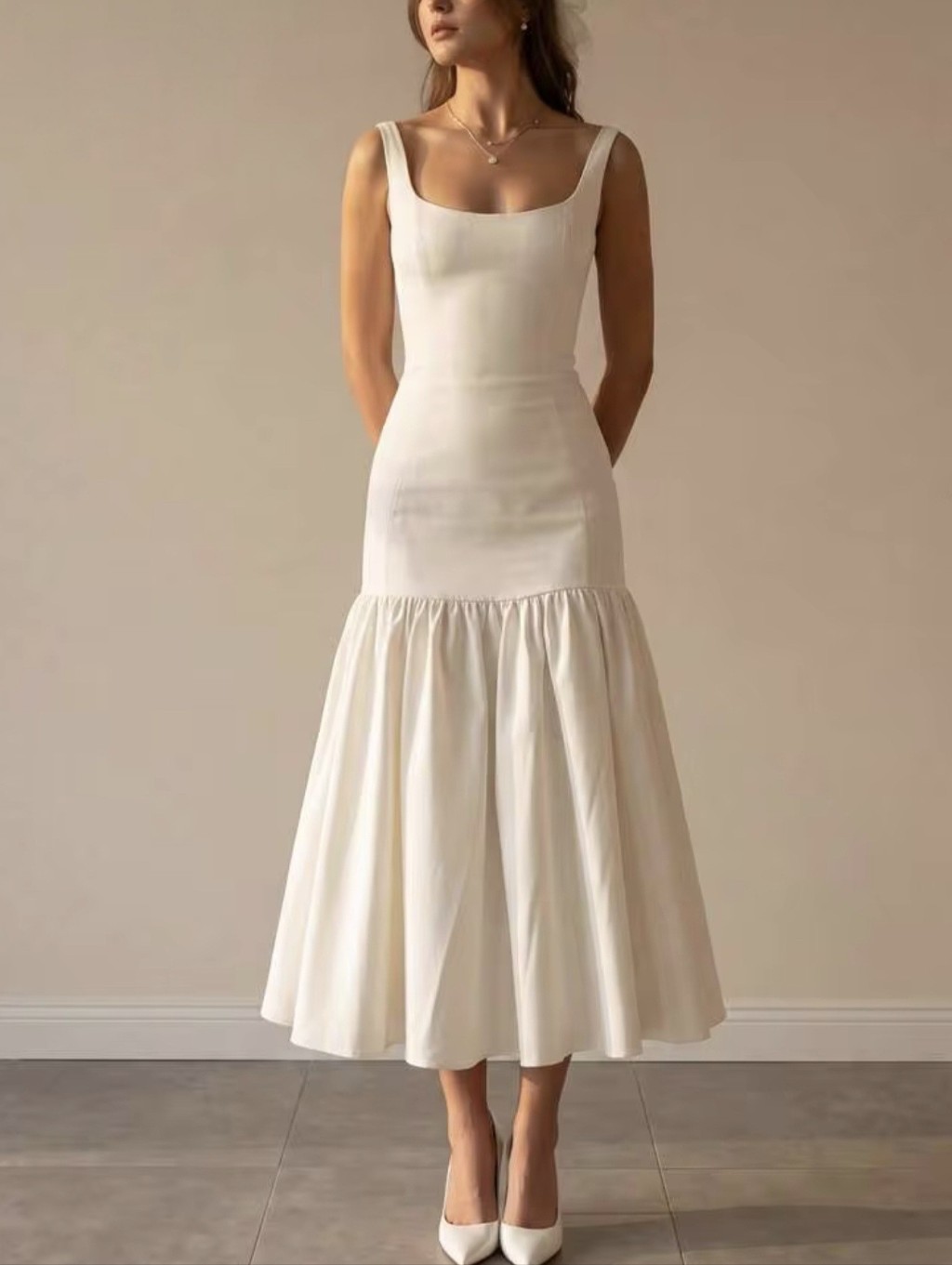 Elegant White Square Neck Midi Dress